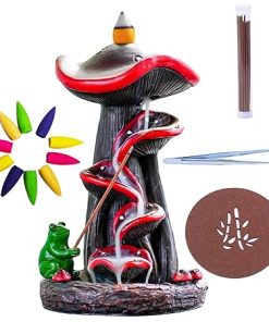 Cute Mushroom Incense Holder with 30 Incense Cones + 30 Incense Stick, Handmade Waterfall Backflow Incense Burner, Nature Theme Incense Burner, Adorable Home Decoration